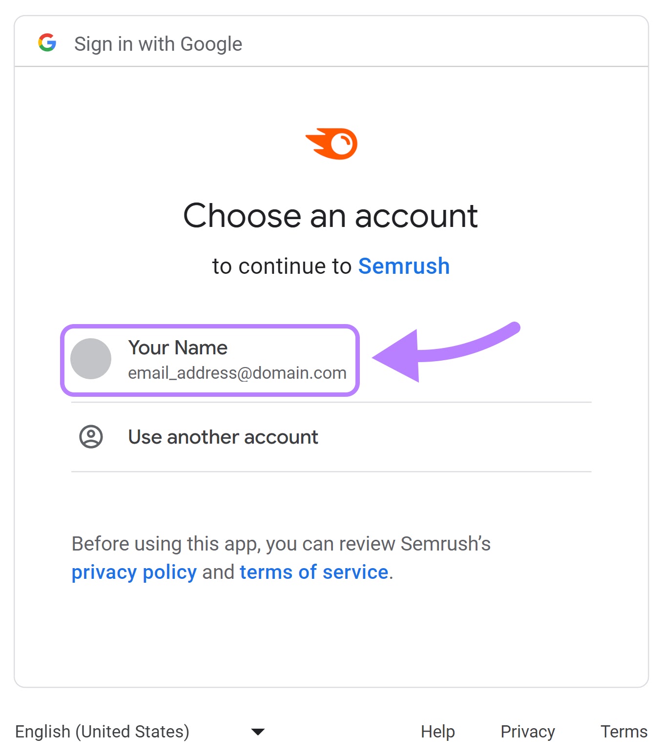 "Sign in with Google" pop-up window