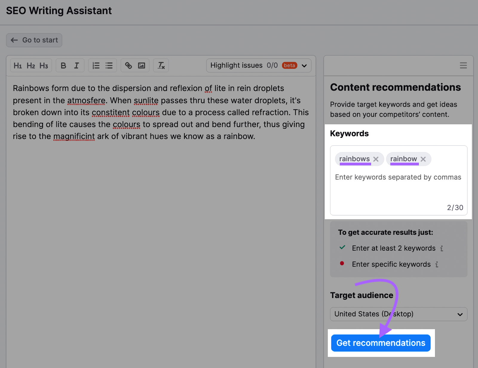 SEO Writing Assistant editor page with "Get recommendations" button highlighted