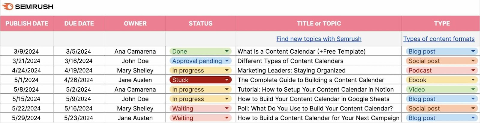 Semrush's marketing calendar template