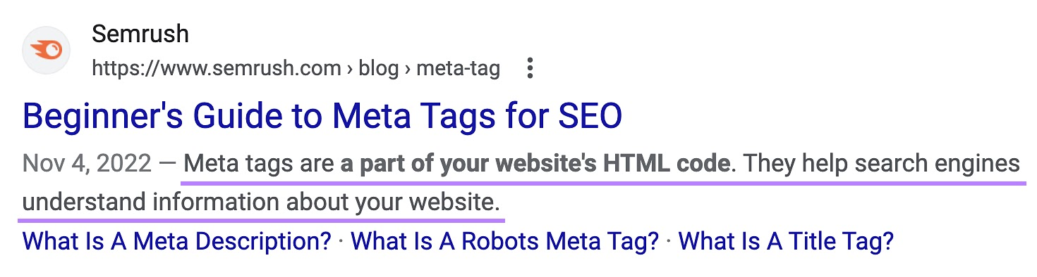A search result in Google with the meta description, "Meta tags are a part of your website's HTML code. They help search engines understand information about your site," highlighted