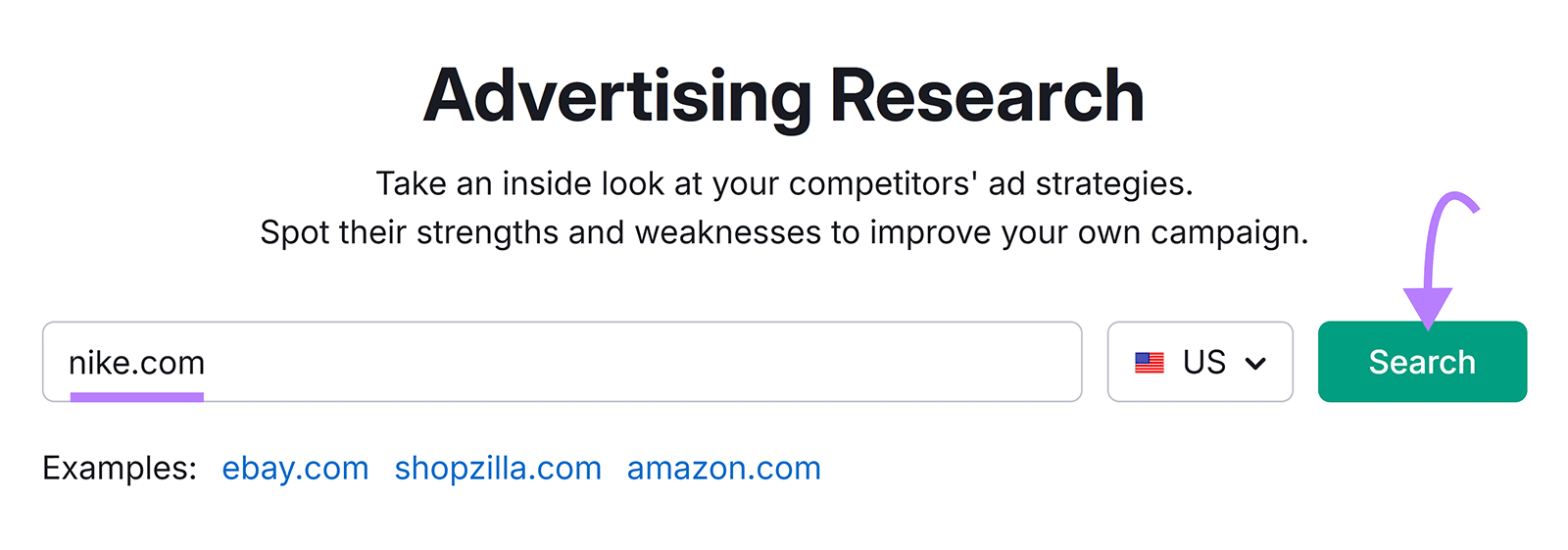 Semrush Advertising Research tool start with 'nike.com' in domain field and arrow pointing to Search button
