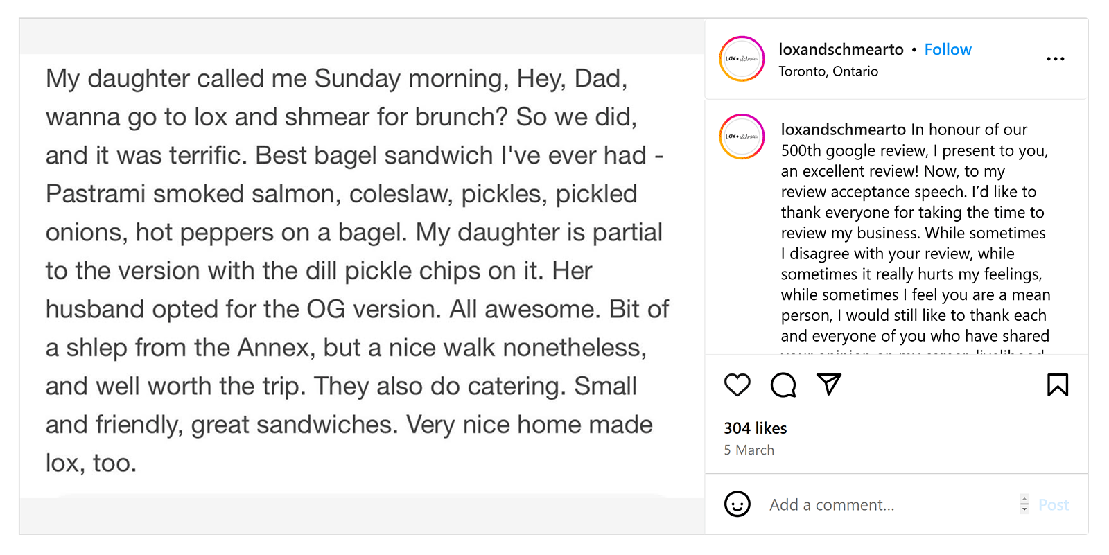 Lox + Schmear Instagram post sharing glowing Google review