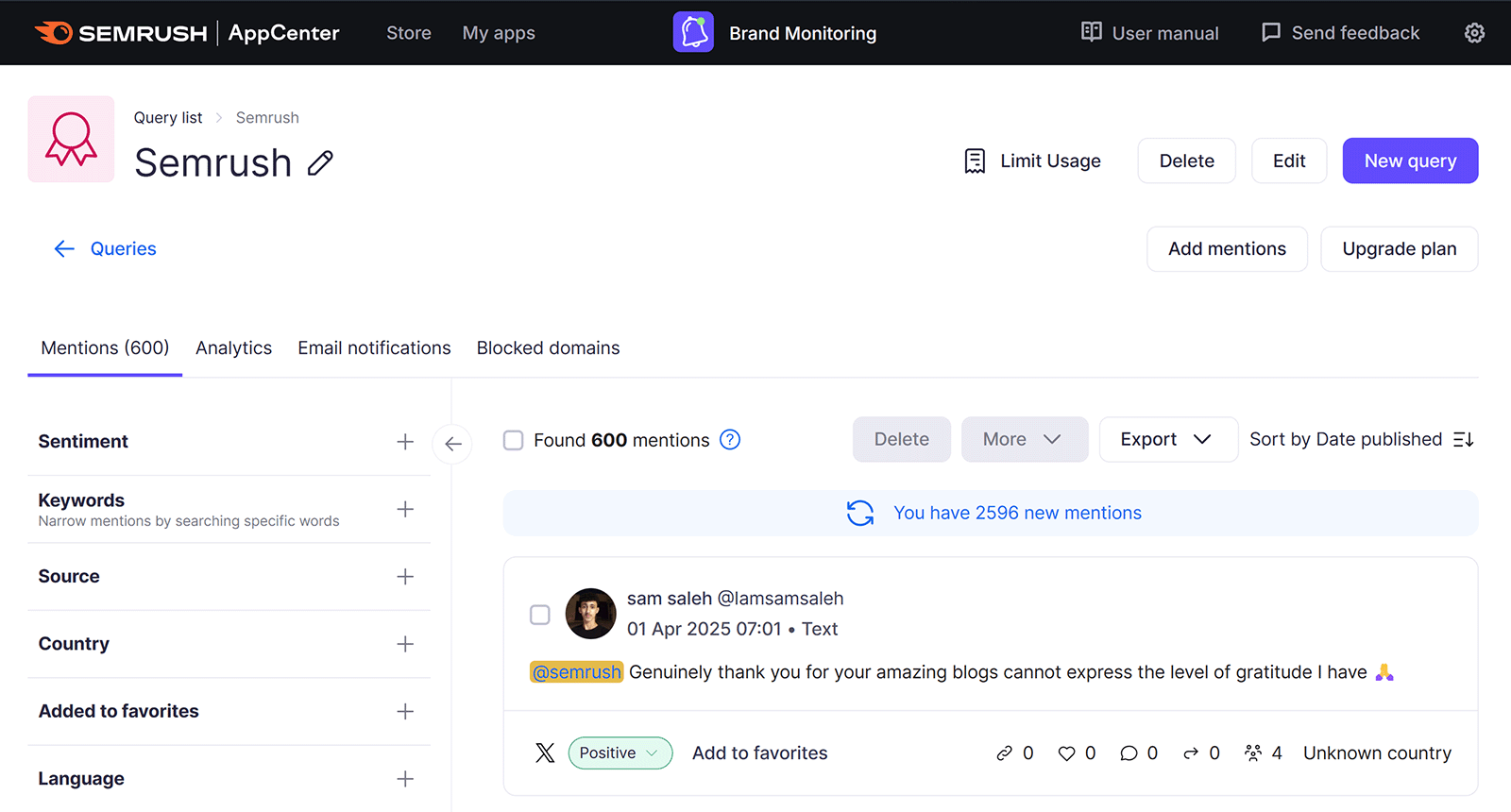 Mentions page showing latest user generated content on X praising Semrush's content