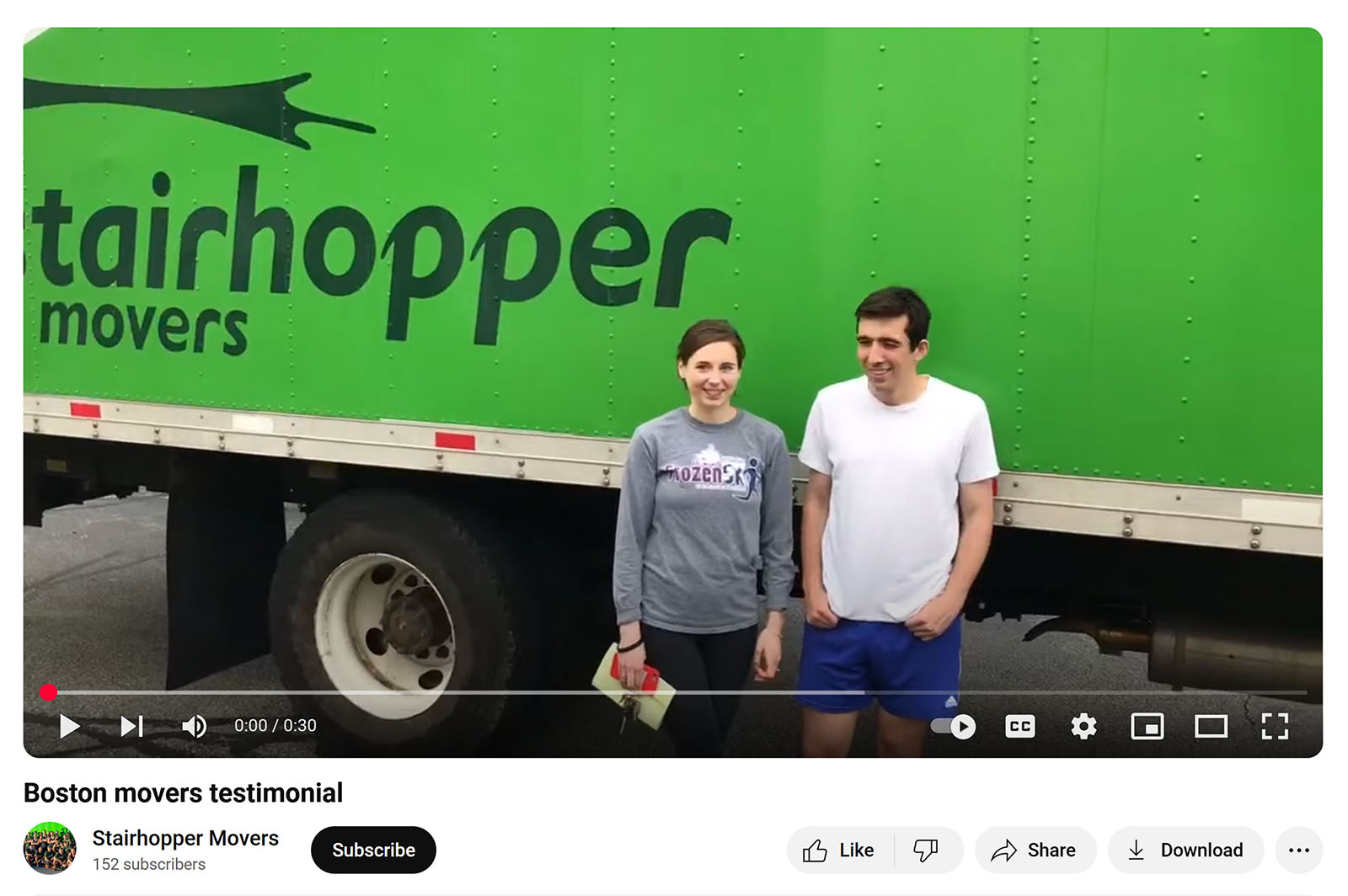 YouTube video of Boston movers testimonial for Stairhopper Movers