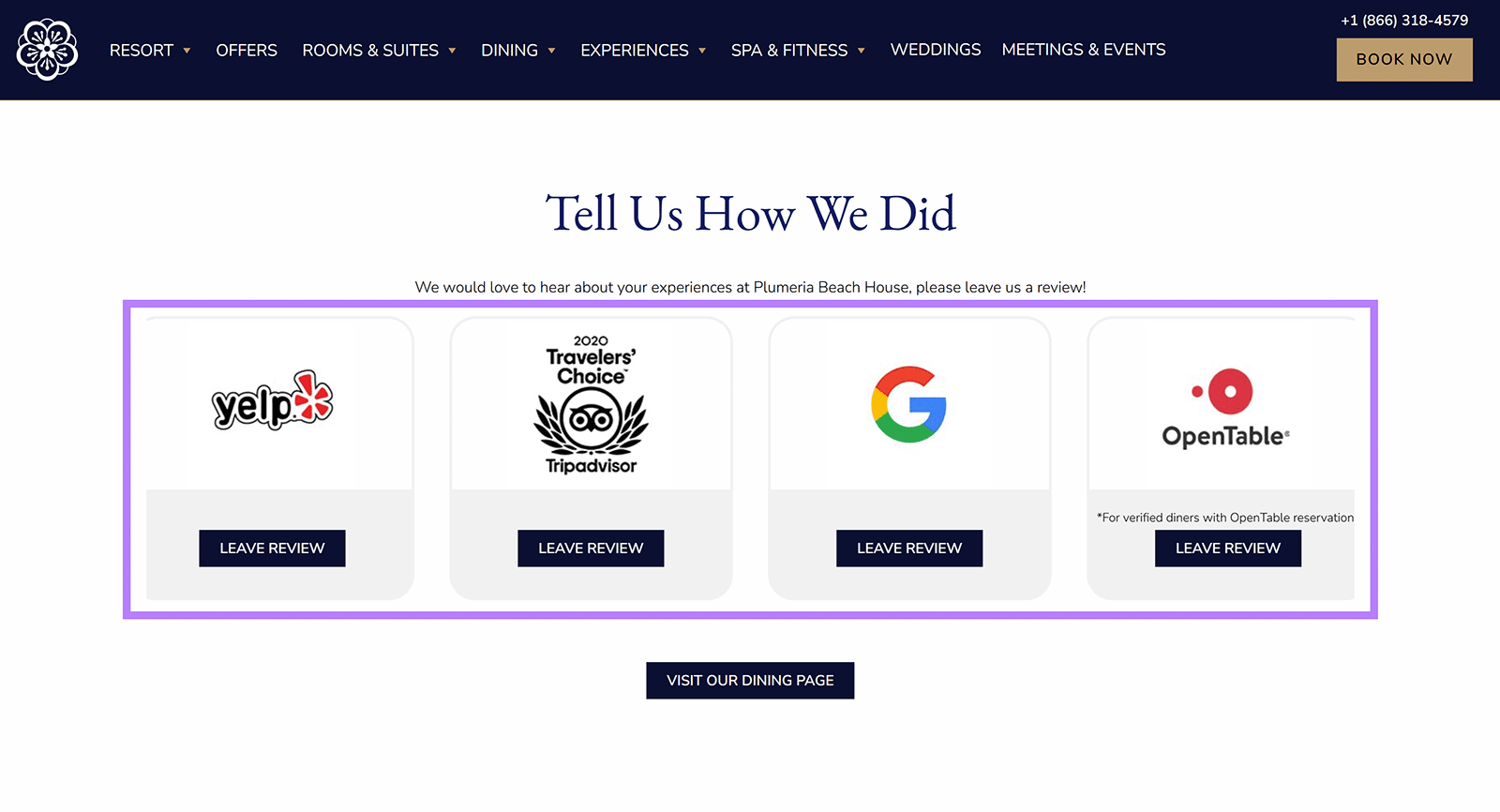 Kahala Hotel & Resort’s homepage with section containing links to various review platforms like Yelp, TripAdvisor, and Google