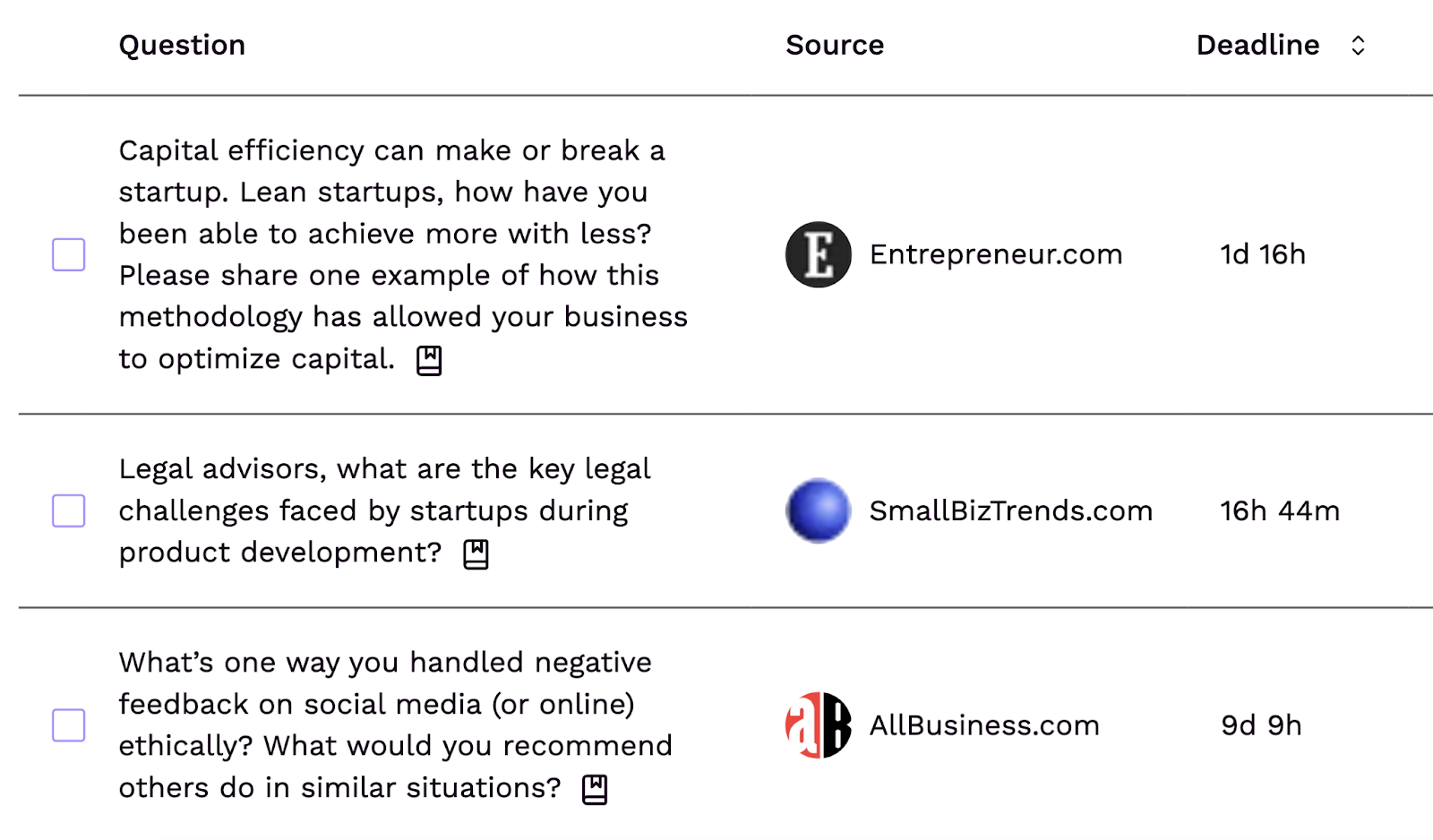 media requests show a question, the source, and deadline to reply