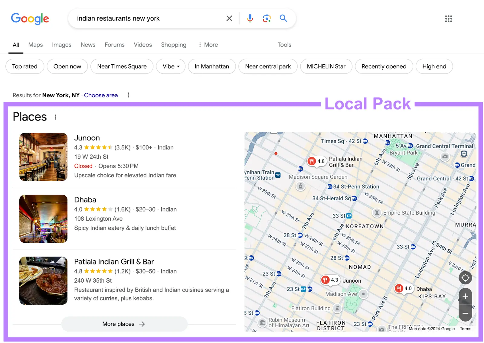 Local pack for the search "Indian restaurants new york"
