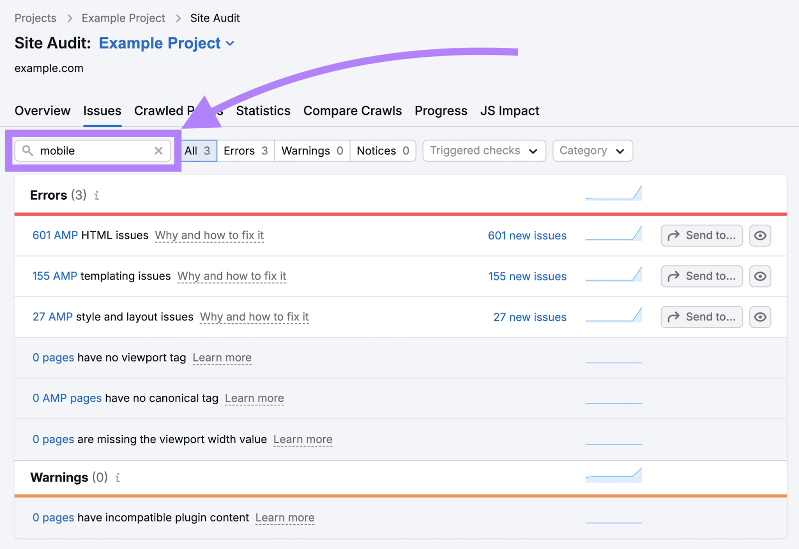 Search for "mobile" errors in site audit. Issues listed include "601 AMP HTML Issues," "155 AMP templating issues," and "27 AMP style and layout issues."