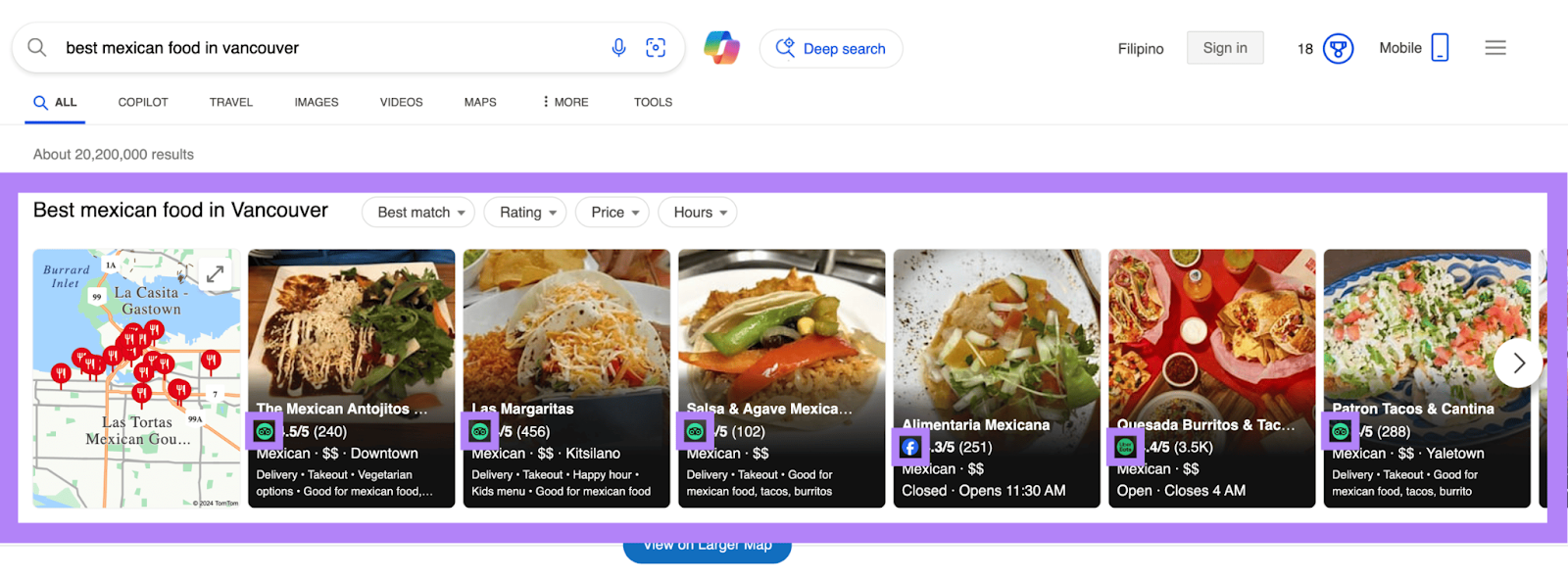 Search results on Bing for "best Mexican food in Vancouver" that includes listings from Facebook and Tripadvisor