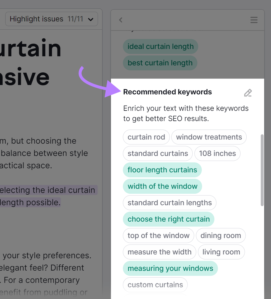 "Recommended keywords" section in SEO Writing Assistant