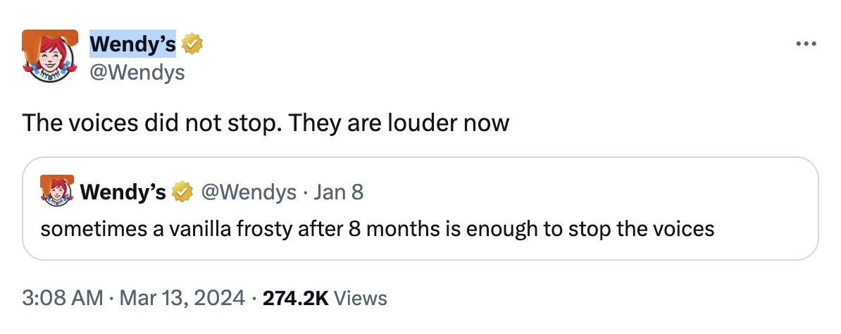 Post on X by Wendy's showcasing their witty and sassy brand tone on social media.