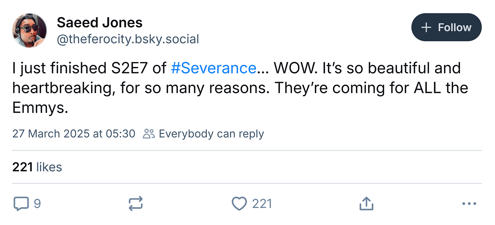 Bluesky post by Saeed Jones praising Severance