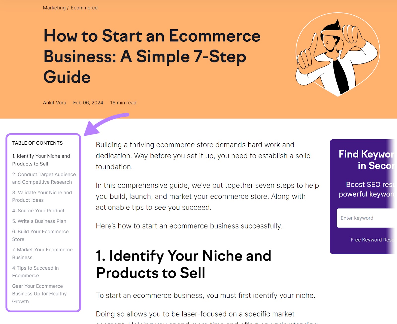 A table of contents highlighted on Semrush blog page