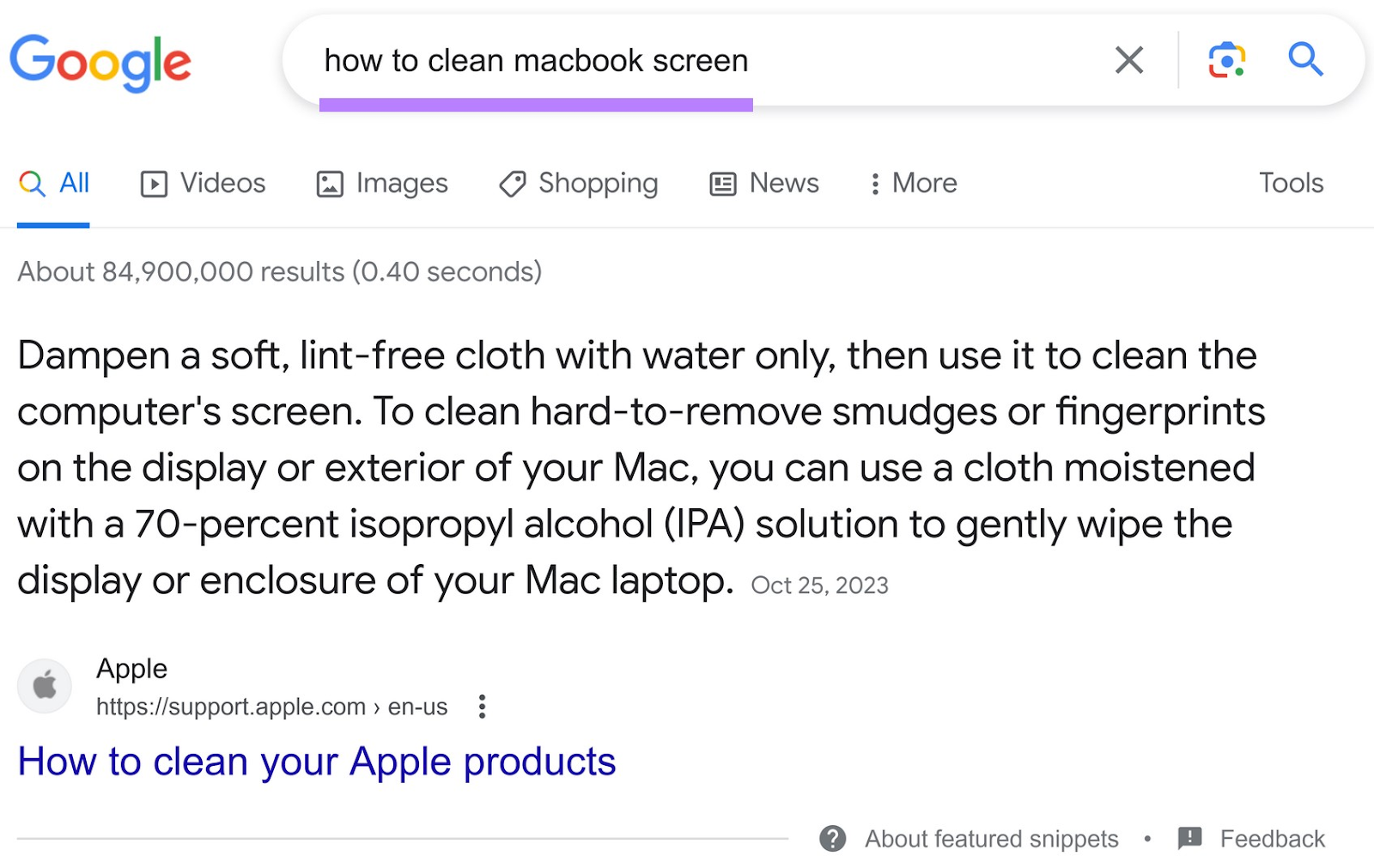 Google SERP for the term "how to clean macbook screen" with the featured snippet being a simple how-to guide by Apple.