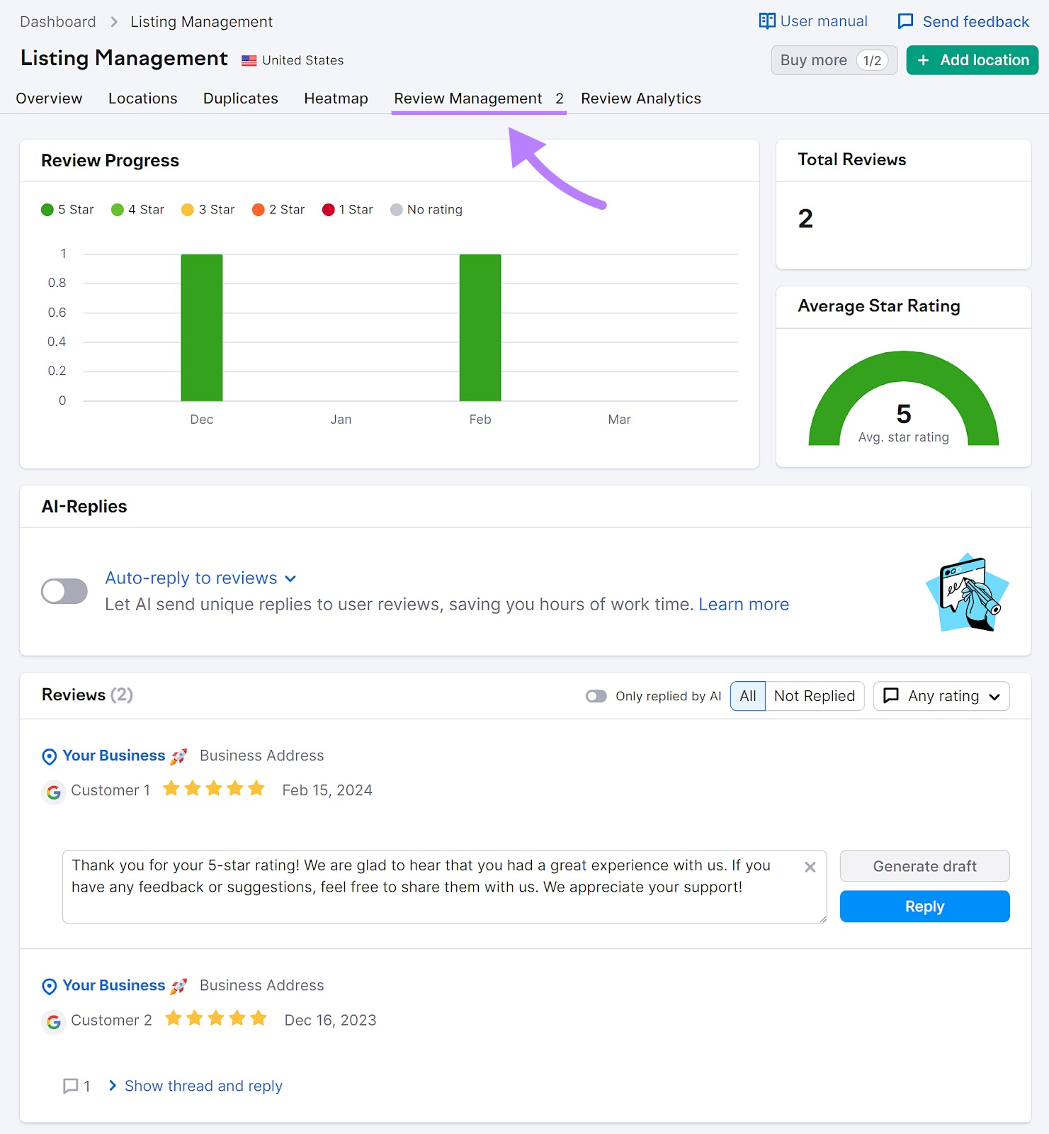 Semrush's Review Management tool dashboard