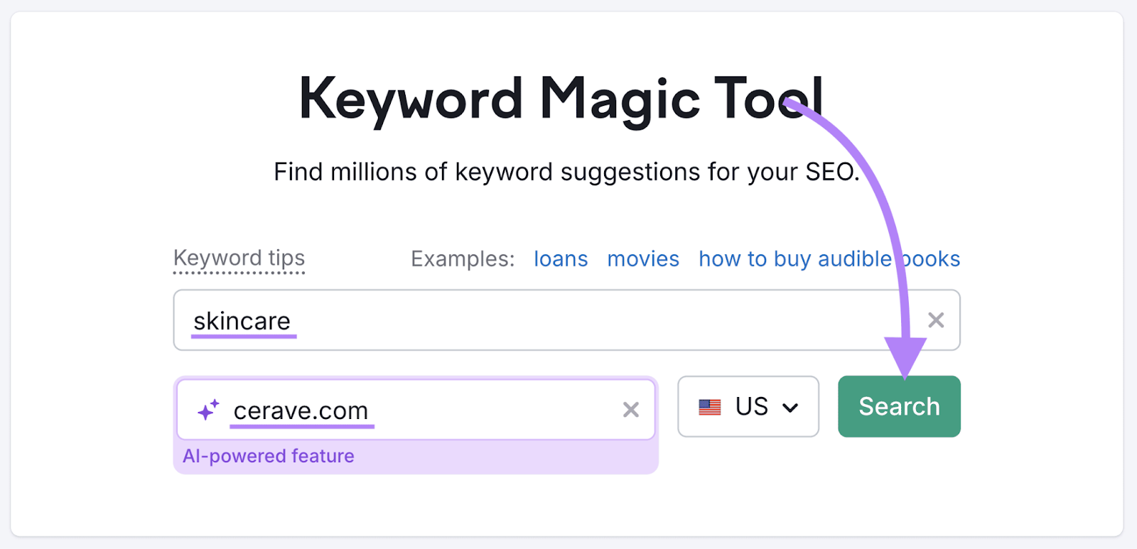 A search for the keyword "skincare" in Keyword Magic Tool's, with "cerave.com" in the URL field and the "search" button highlighted