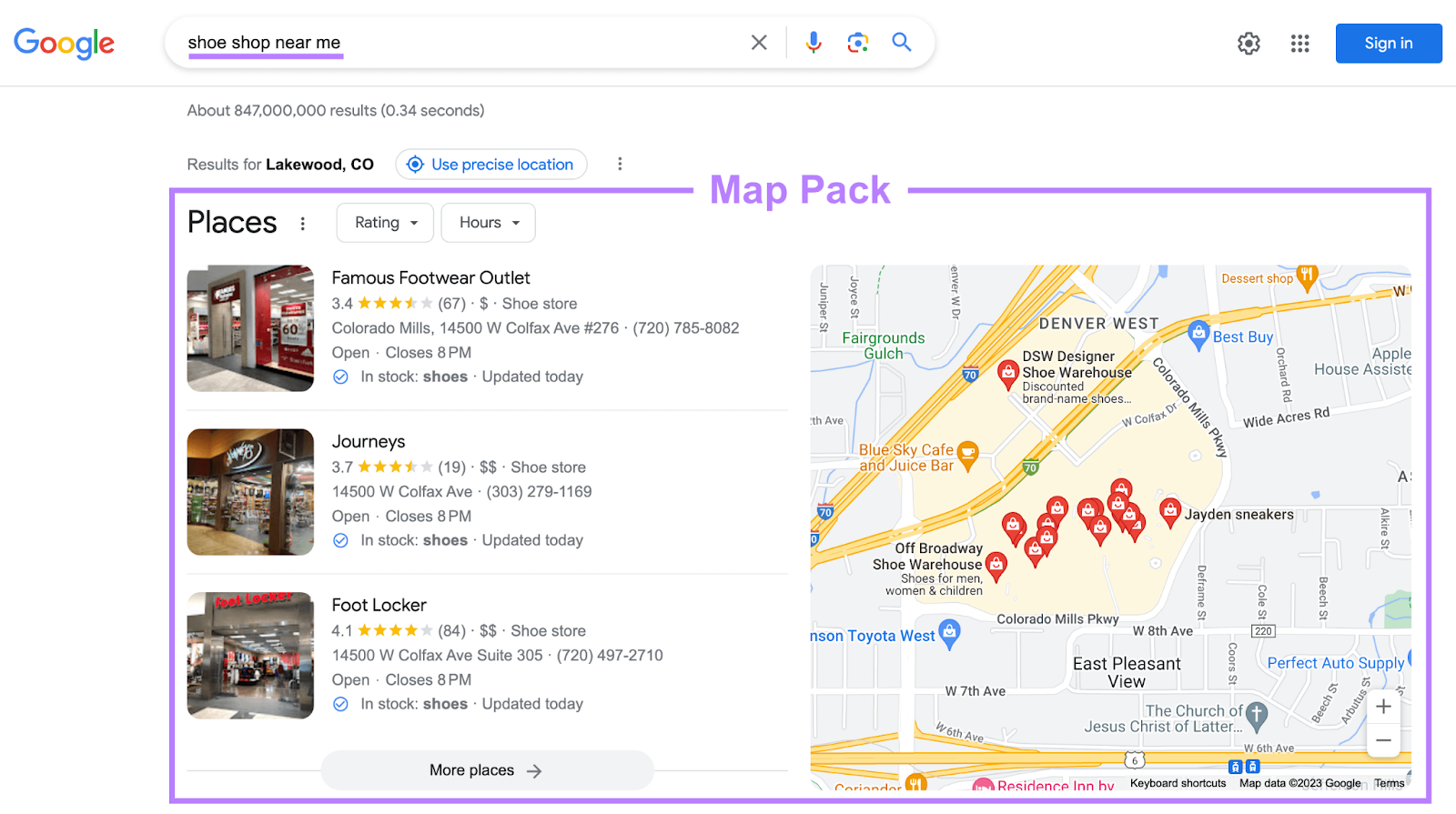 Google's Map Pack for “shoe shop near me" query