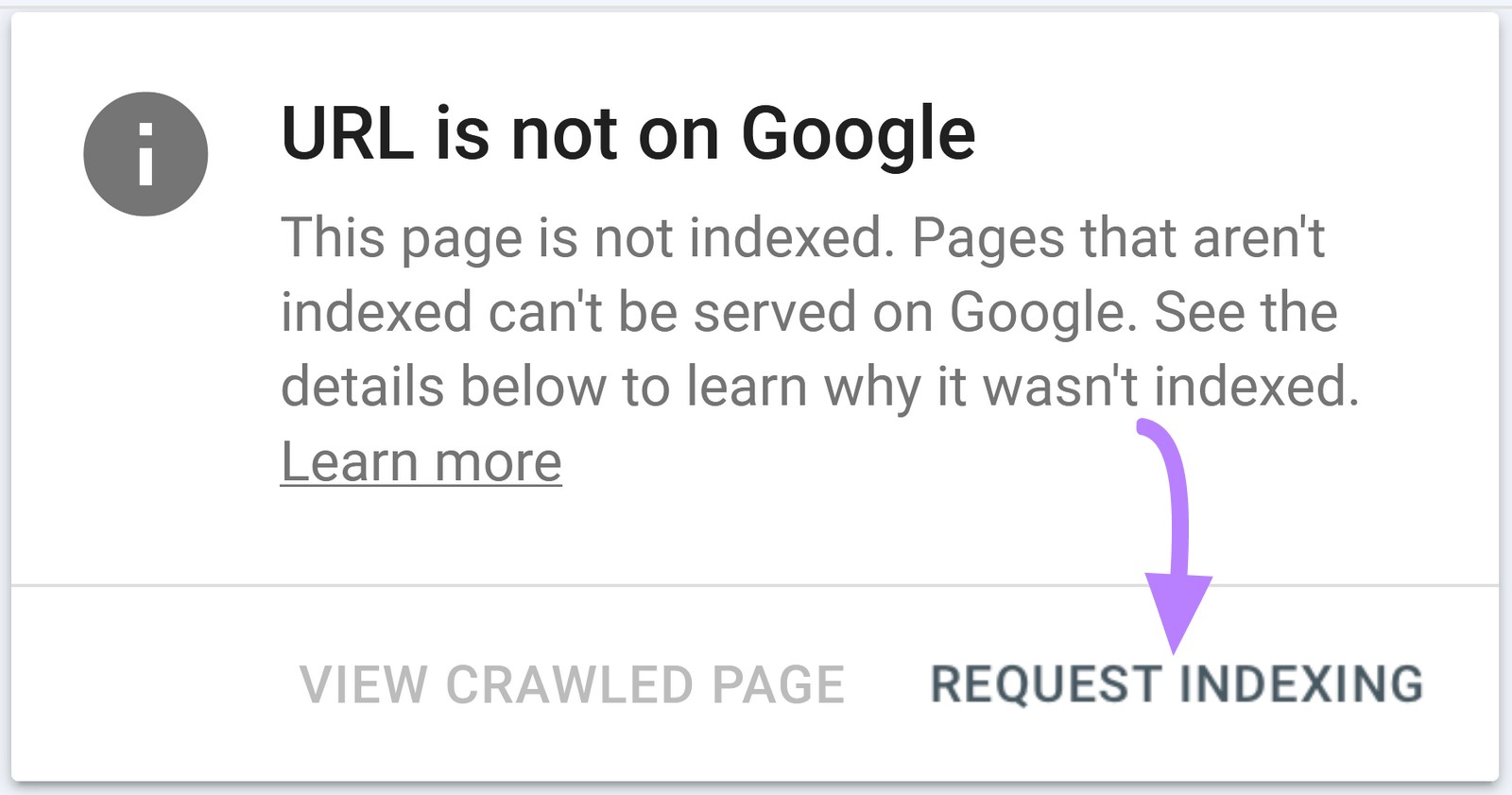 The "Request Indexing" button clicked on the "URL is not on Google" window.