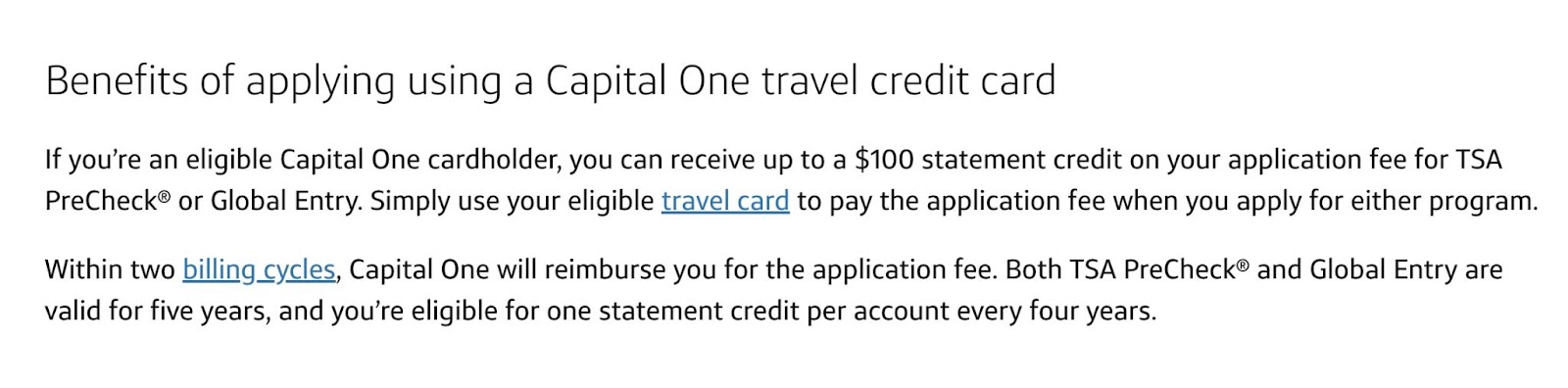 The benefits of applying for the TSA PreCheck fee with a Capital One travel card.
