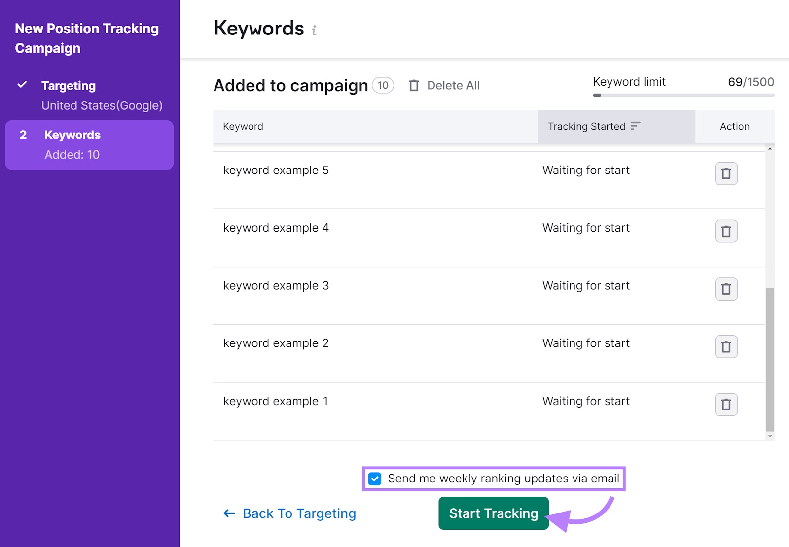 "Keywords" tab of the Position Tracking tool with the "Start Tracking" button highlighted.