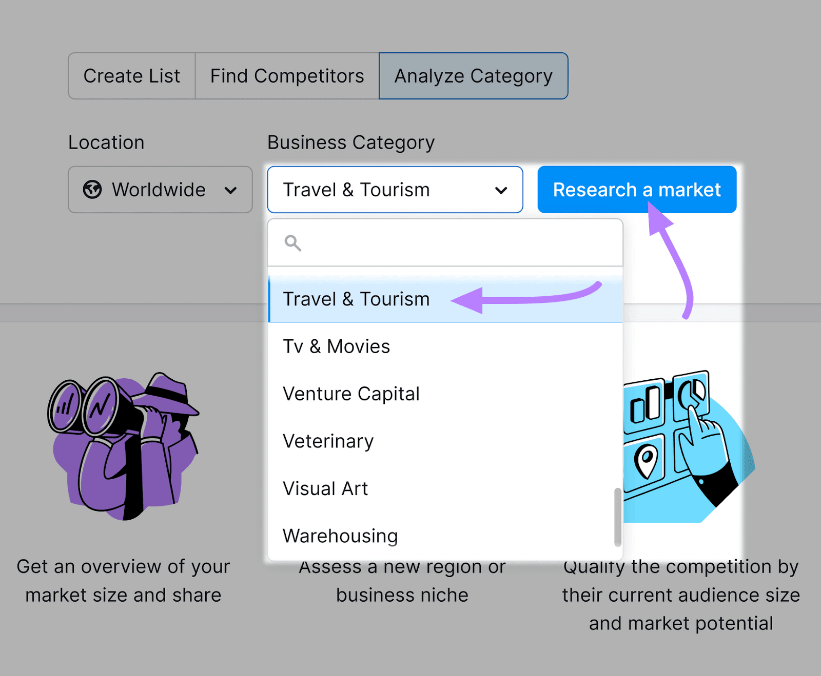 "Travel & Tourism" industry selected in Market Explorer tool