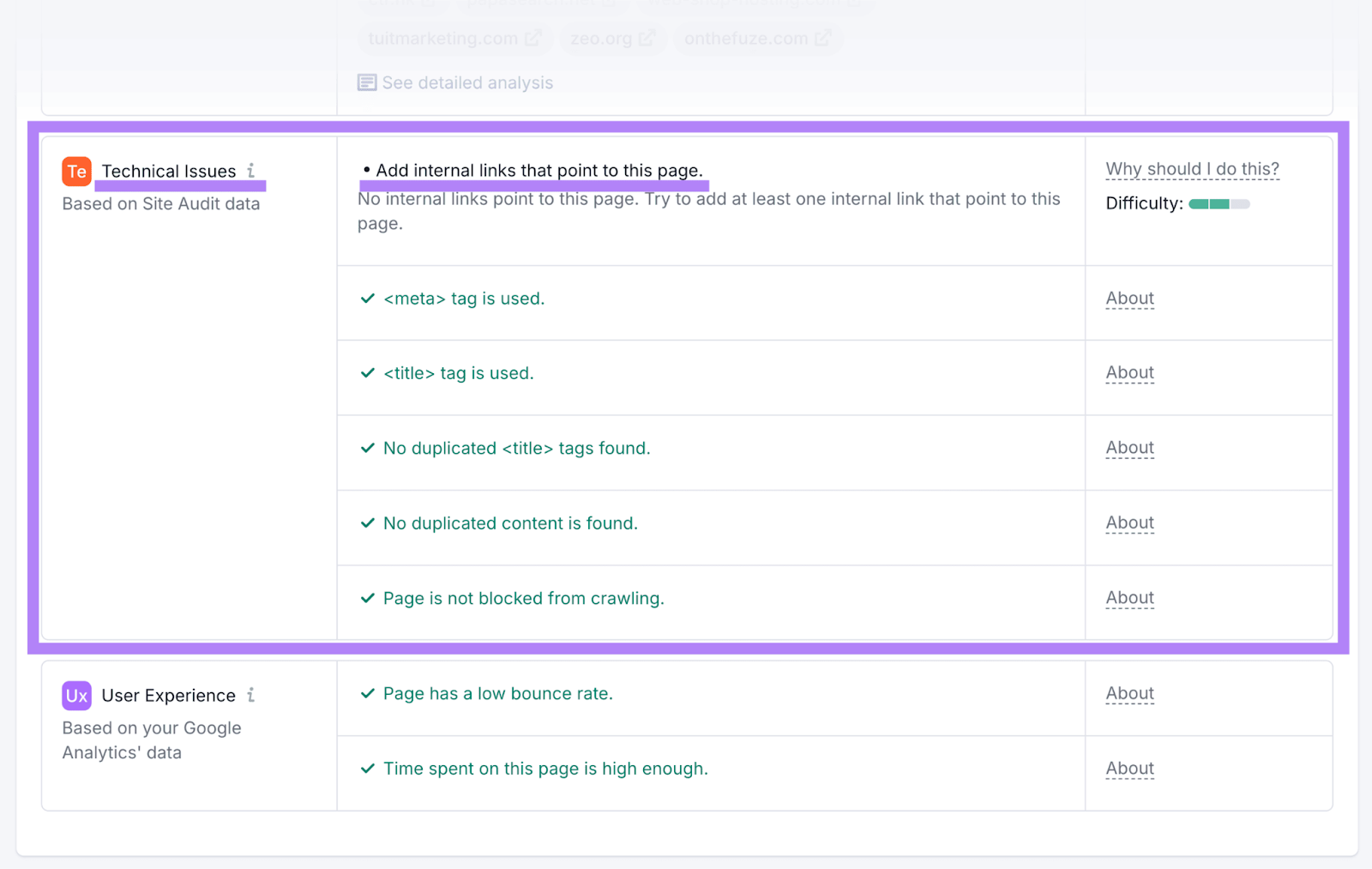 Specific technical issues and optimization ideas generated by On Page SEO checker, including "Add internal links that point to this page"