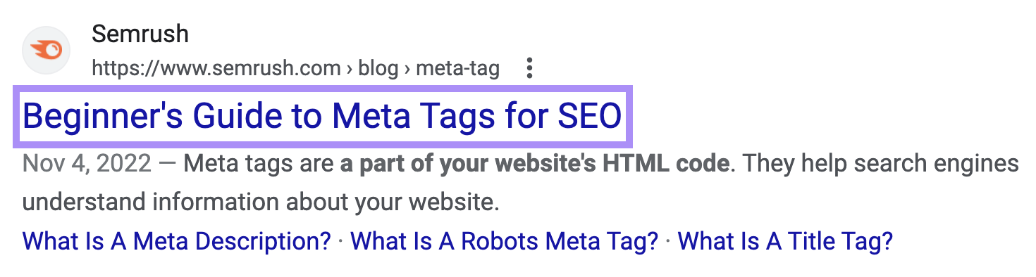 A search result in Google with the title tag, "Beginner's Guide to Meta Tags for SEO," highlighted