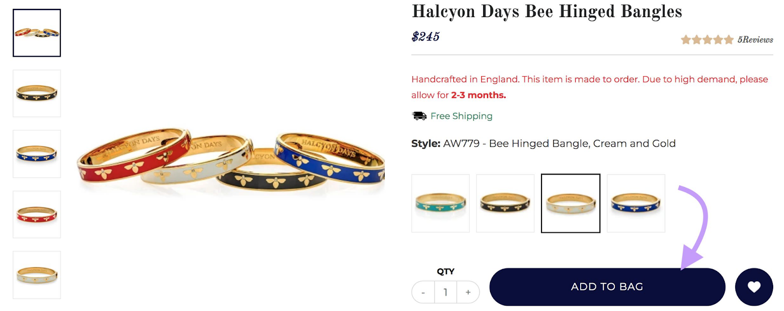 A product page with "Add to bag" CTA highlighted