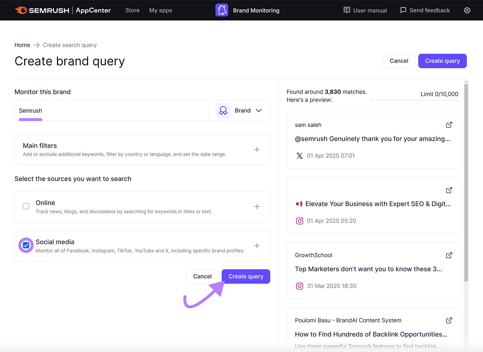 Semrush Brand Monitoring app dashboard Create brand query page with Semrush in Brand field, Social Media checked, and arrow pointing to Create query button