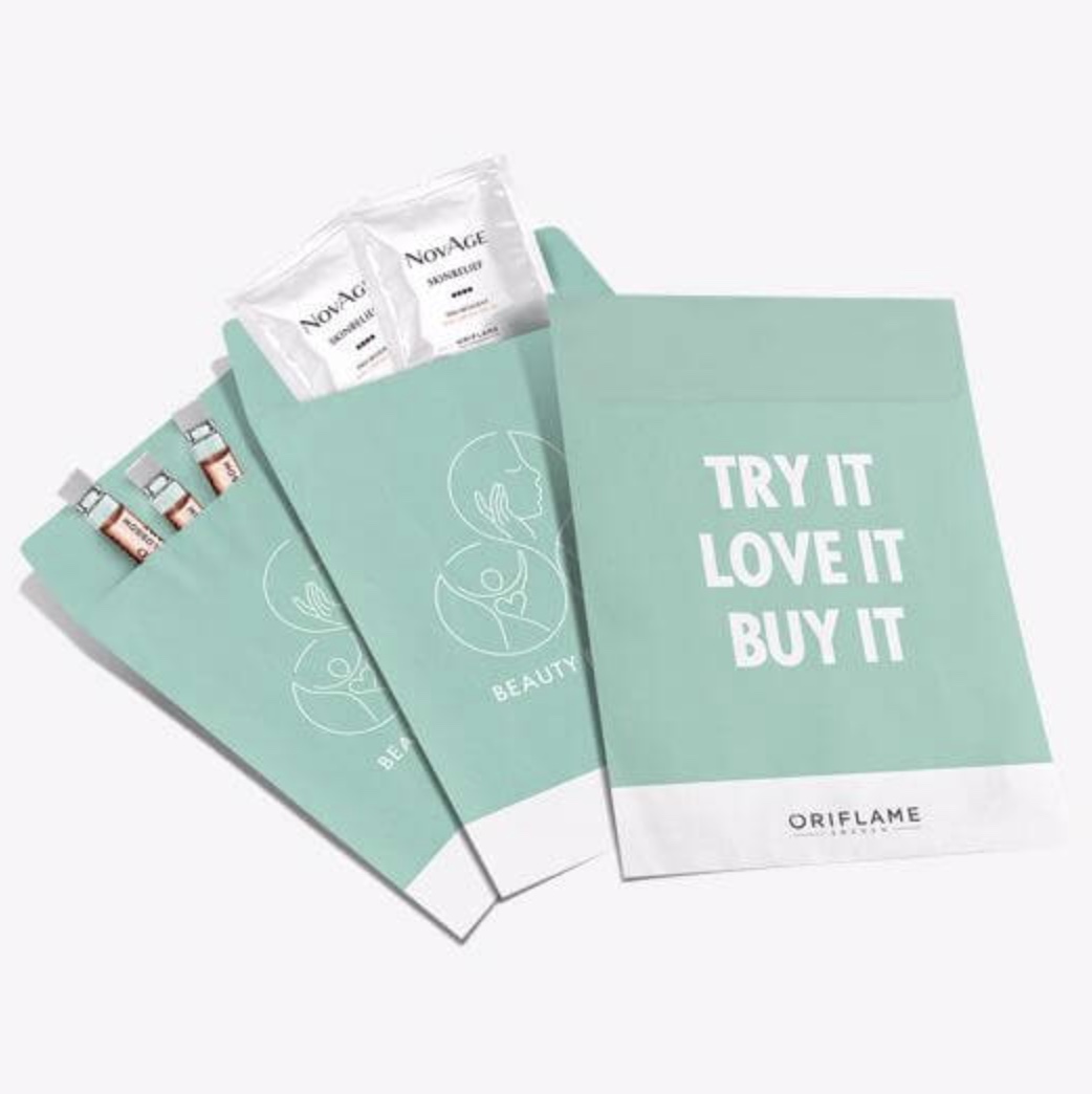 Personalized samples of skincare products by Oriflame used for direct mail marketing.