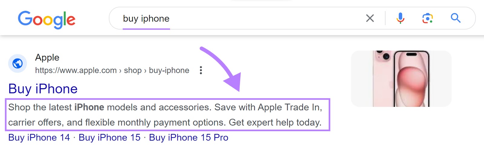 Apple's "Buy iPhone" page meta description on SERP