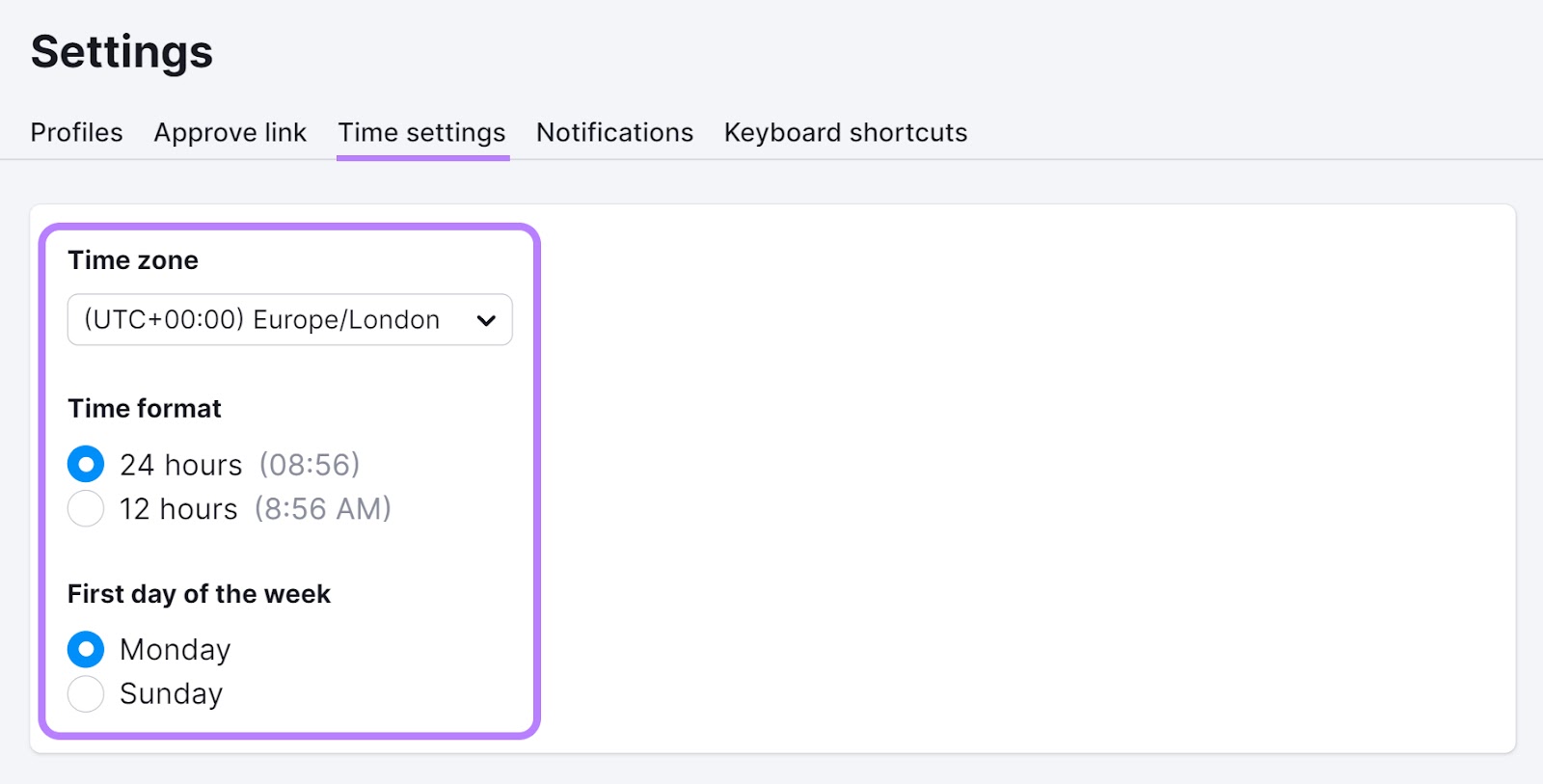 "Time settings" menu in Social Poster tool