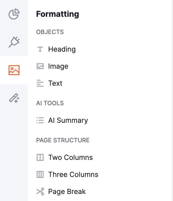 Formatting options available in the tool, including Objects, AI Tools, and Page Structure.