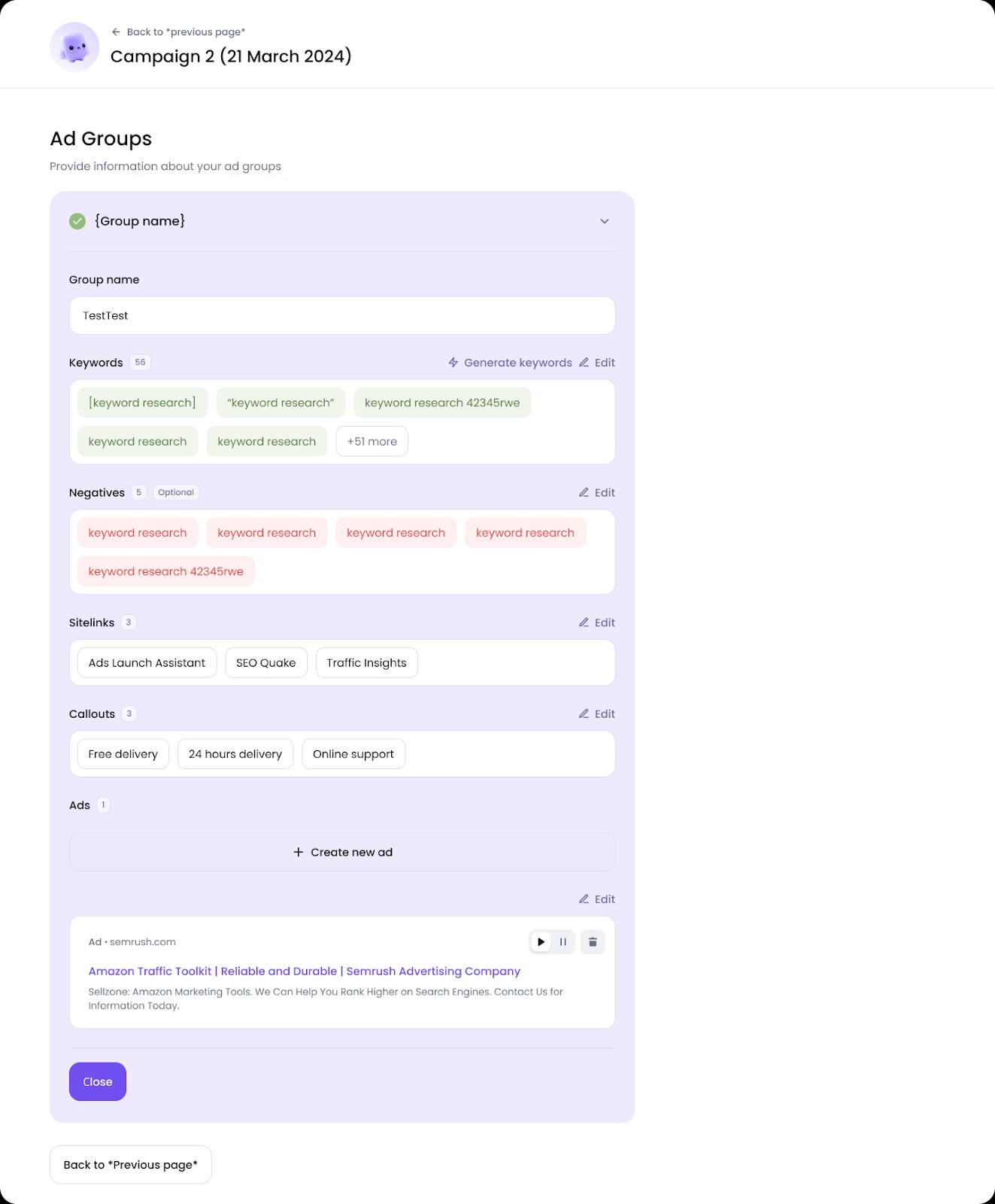 Page with advanced options for Google Ads campaigns, including Group Name, keywords, negative keywords, sitelinks, callouts, and ads.