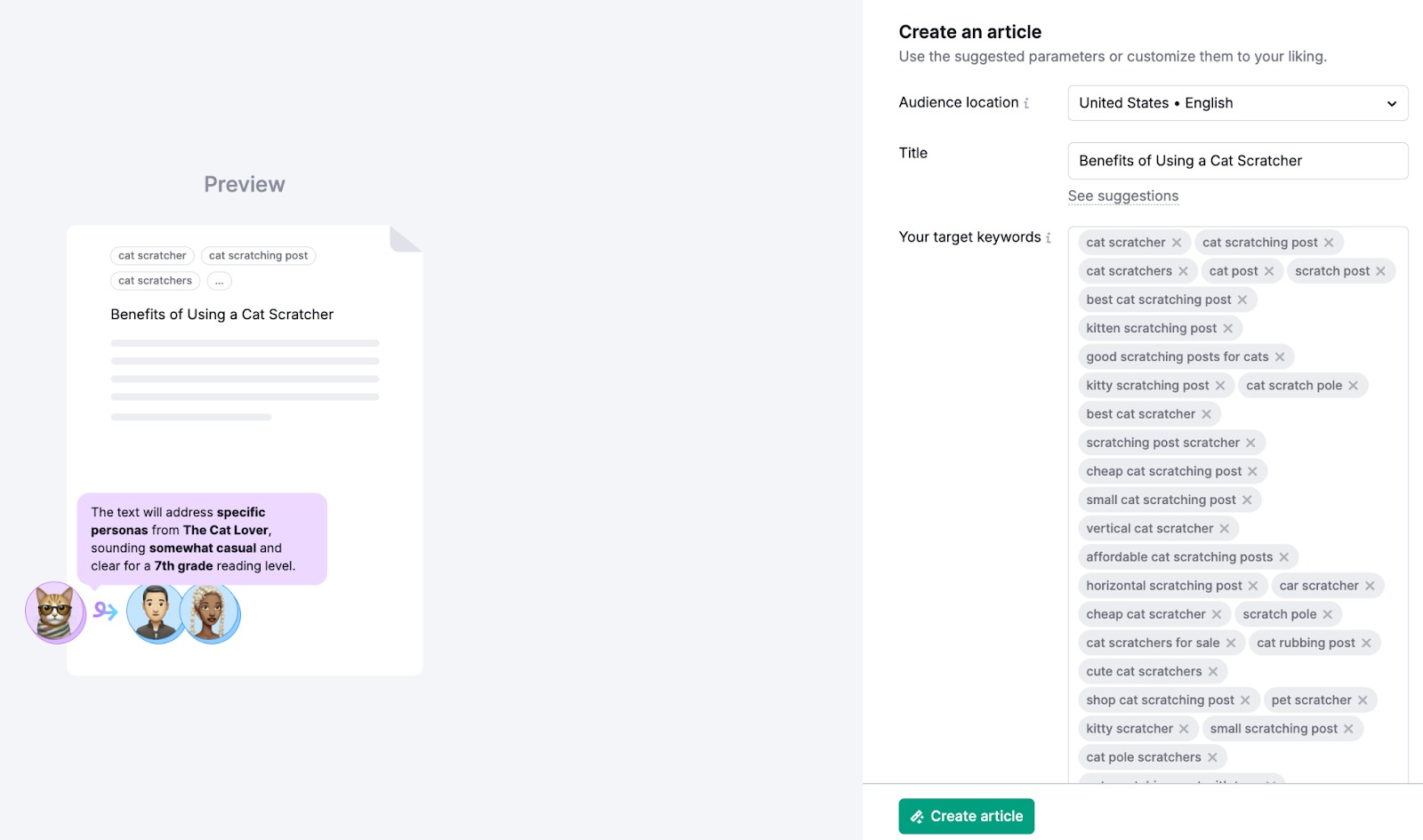 An article setup screen with all related keywords and other details automatically populated.
